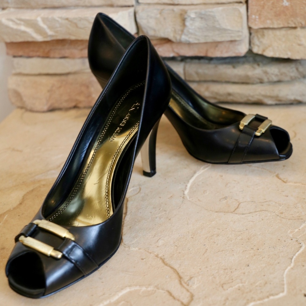 NEW Anne Klein Black Leather Open Toe 3" Pump Gold